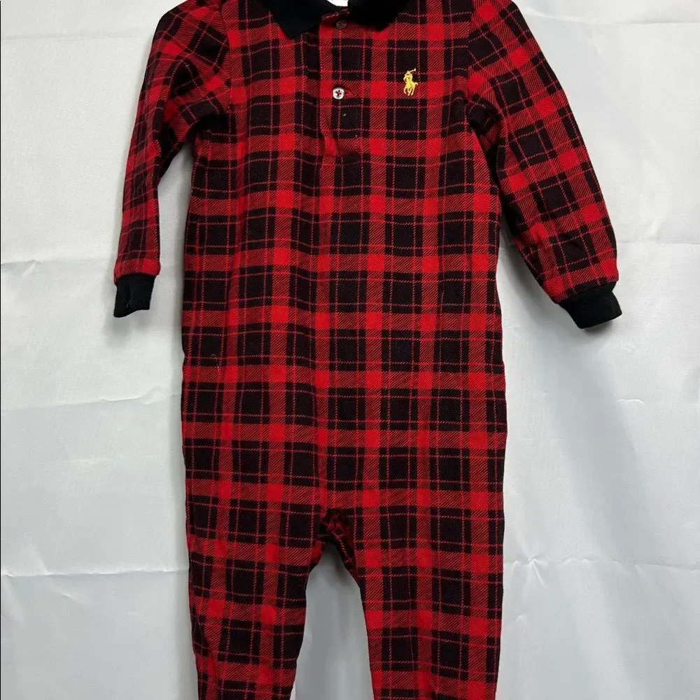 Ralph Lauren red and black plaid long sleeve knit jumpsuit size 12 months